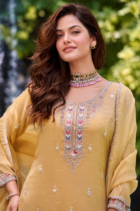 Suit Yellow Colour Simmer Tissue Sequins Cutdana Work Embroidery Suit With Garara (D1841)