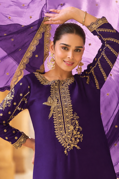 Purple Color Embroidered Dhoti Style Suit Set (D1548)