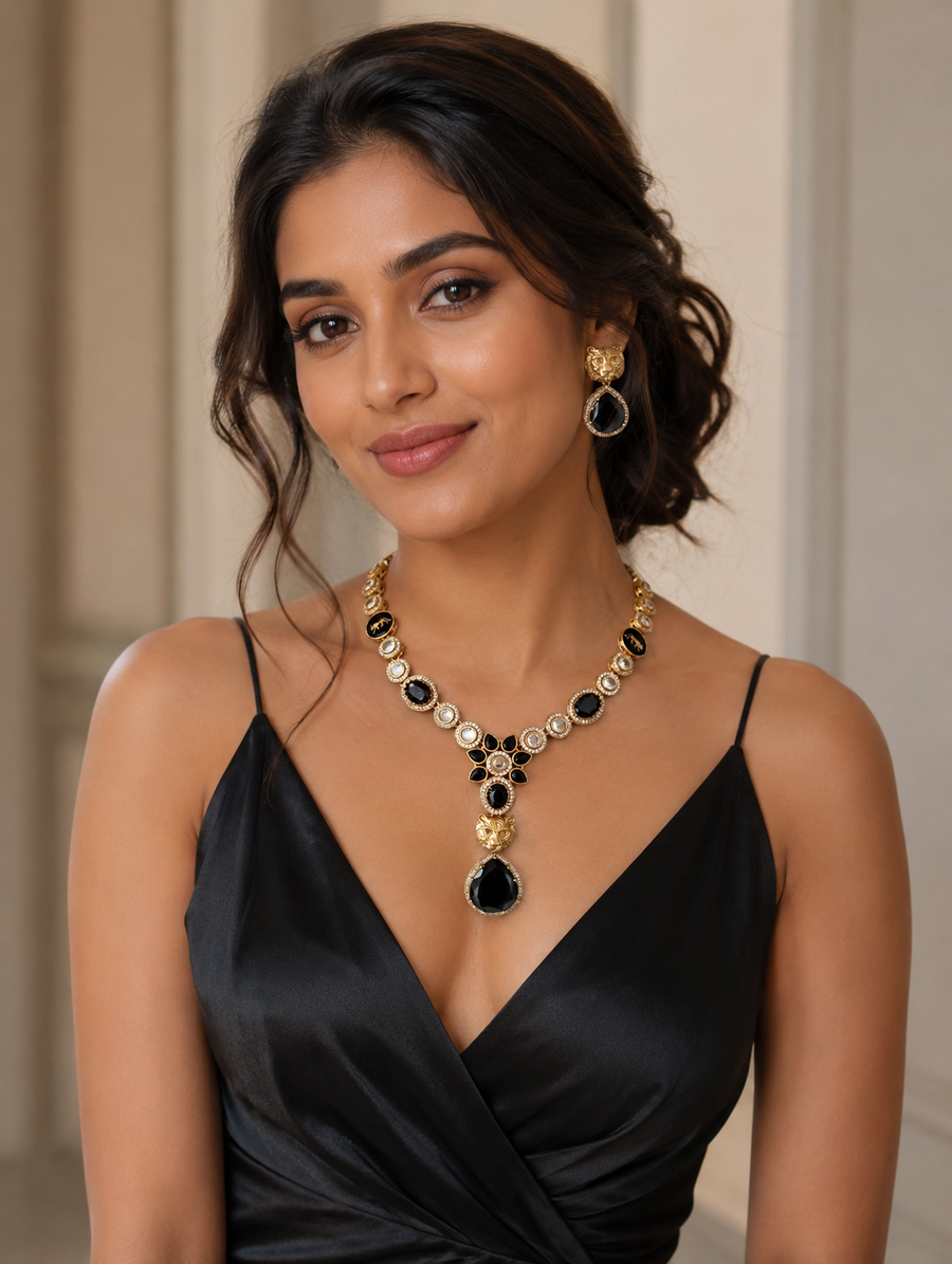 Designer Black Color Royal American Diamond Necklace with Earrings (D1430)