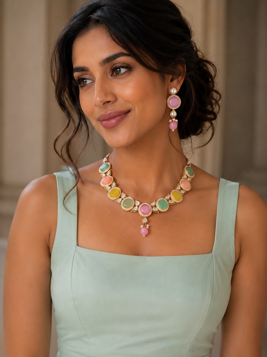 Designer Gold Plated Royal Kundan Light Pink & Multi Color Necklace & Earrings (D1440)