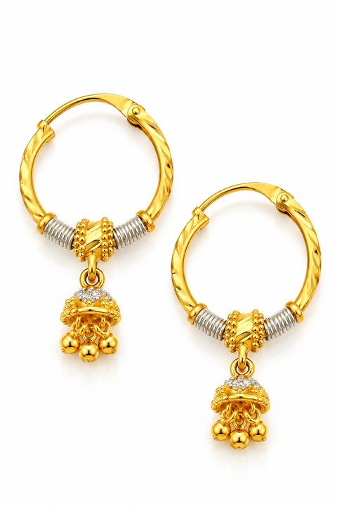 22KT Gold Designer Hoop Earrings with Traditional Jhumka Drops (D150)