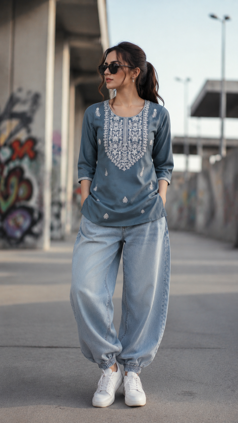 Chic Chikankari Rayon Kurti Tunic in Ash Gray (D1414)