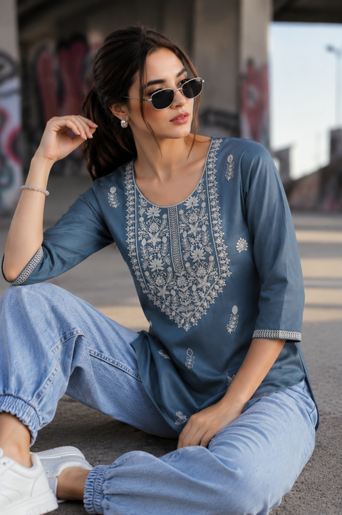 Chic Chikankari Rayon Kurti Tunic in Ash Gray (D1414)