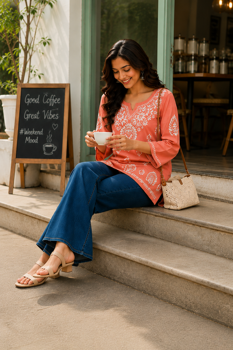 Peach Color Women Ethnic Motifs Embroidered Modal Chikankari Kurti (D2063)