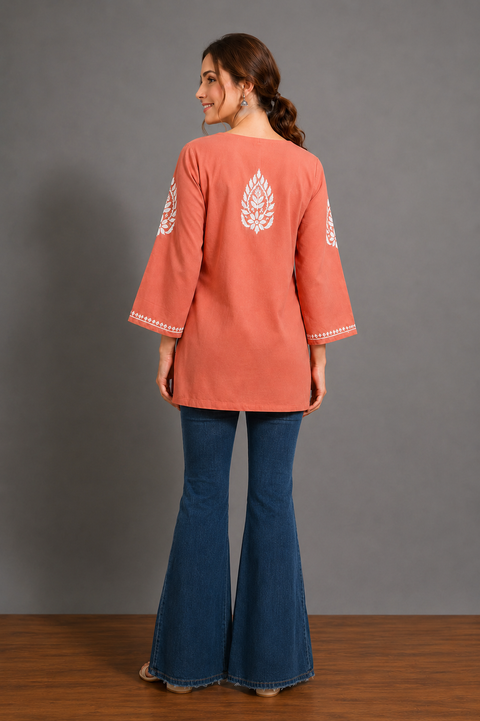 Peach Color Women Ethnic Motifs Embroidered Modal Chikankari Kurti (D2063)