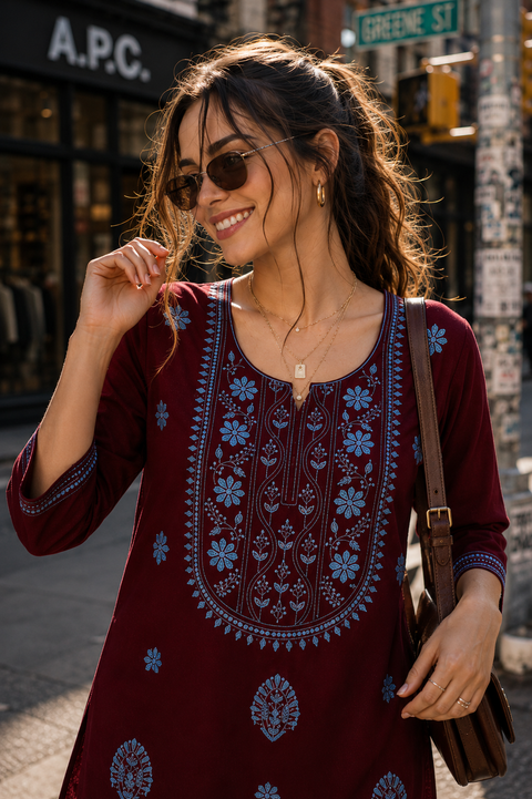 Maroon Trendy Rayon Chikankari Fashion Tunic For Women (D1423)