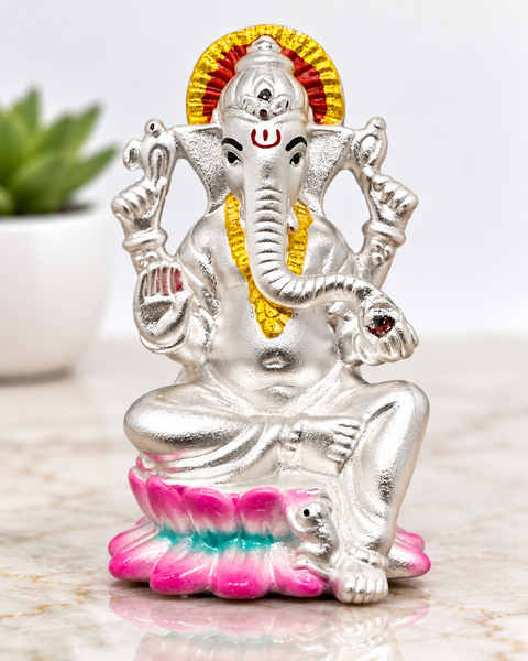 999 Pure Silver Ganesha Idol Sitting in Lotus