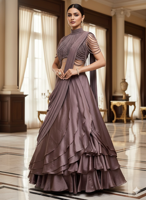 Copper Brown Embroidered Beads Work Blouse With Lehenga For Party (D131)