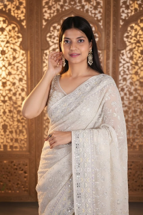 Cream Bollywood Style Stone & Thread Work Georgette Saree for Party Wear (D887)