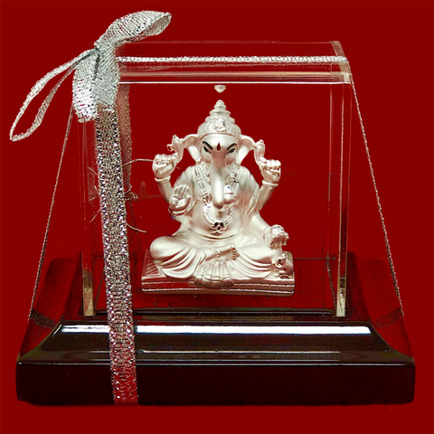 999 Pure Silver Rectangular Ganesha Idol with Red Headrest