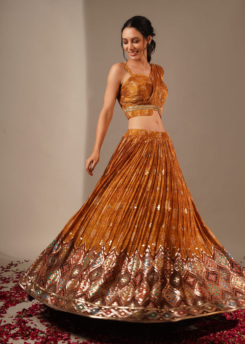 Yellow Crepe Printed Bandhani Asymmetric Lehenga And Blouse Set For Women (D286)