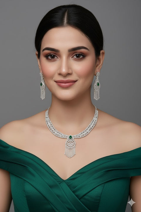 Semi-Precious American Diamond Silver Plated Necklace with Earrings (D1017)