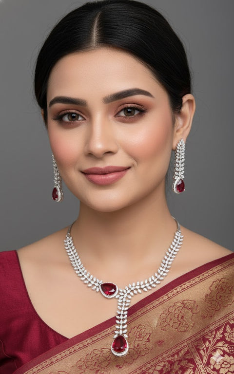Graceful  American Diamond Silver Plated Necklace with Earrings (D1033)