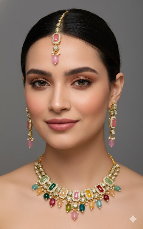 Designer Gold Plated Royal Kundan Multi Color Necklace & Earrings (D1123)