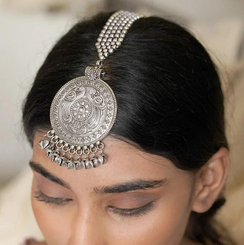 Designer German Silver Big Circular Banjara Style Ghunghroo Maangtikka (D114)