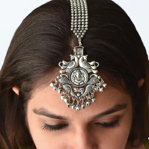 Designer German Silver Peacock & Ganesha Banjara Style Ghunghroo Maangtikka (D115)