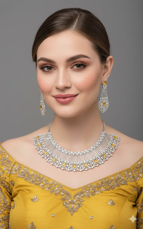 Designer American Diamond Silver Plated Necklace with Earrings (D1179)