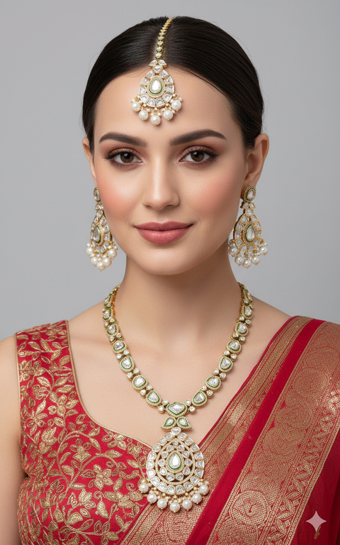 Elegant Polki Kundan Necklace With Earrings And Maangtikka (D1221)
