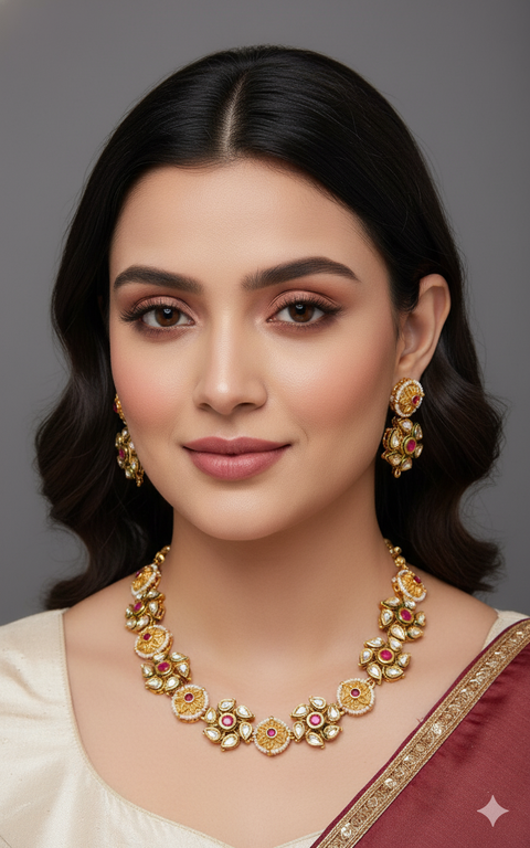 Designer Gold Plated Royal Kundan Necklace With Earrings (D1222)