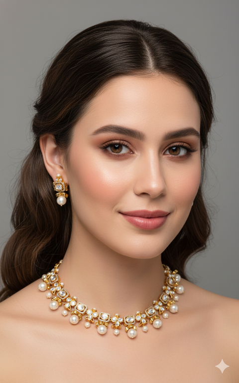 Designer Gold Plated Royal Kundan Necklace With Earrings (D1224)