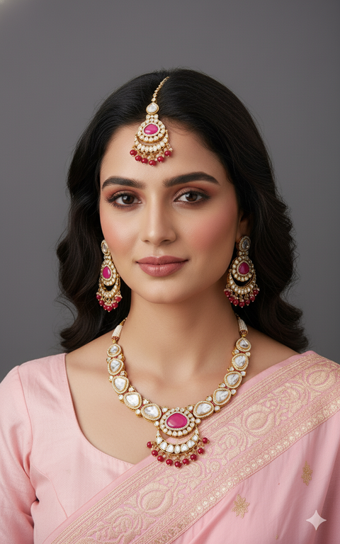 Luxurious Bridal Gold Plated Royal Kundan Necklace With Earrings (D1226)