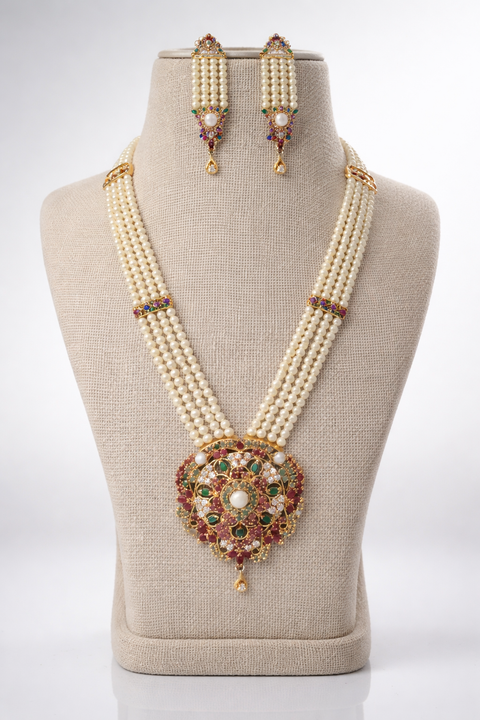 Bridal Multi Layer Pearl Kundan Necklace Set With Light Magenta Stones (D1355)