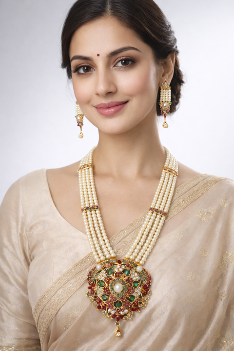 Bridal Multi Layer Pearl Kundan Necklace Set With Light Magenta Stones (D1355)