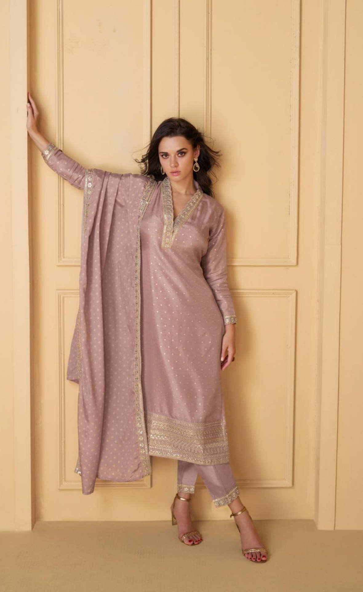 Mauve Chiffon Shalwar Kameez with Heavy Embroidery & Dupatta – Wedding & Partywear Suit main image 1