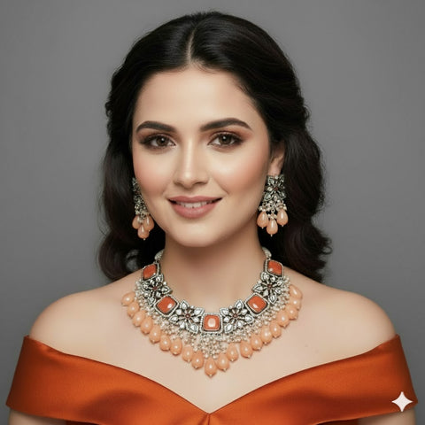 Designer White & Orange Beaded Necklace with Earrings (D159)