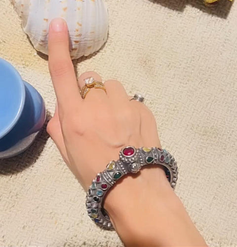 Pair of Multicolor Stone German Silver Oxidized Openable Kada-Bracelet (D165)