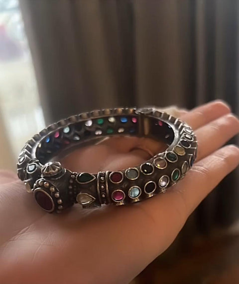 Pair of Multicolor Stone German Silver Oxidized Openable Kada-Bracelet (D165)