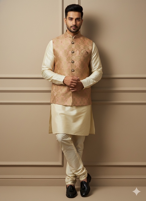 Men's Festive Nehru Jacket/Waistcoat in Peach Color (D184)