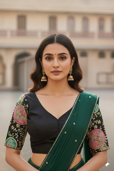 Women's Traditional Ethnic Embroidery Phantom Silk Readymade Blouse (D1889)