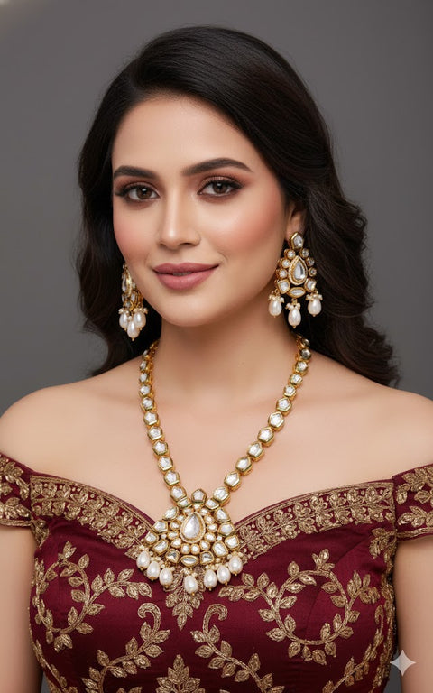 Designer White Kundan & Red Beads Long Necklace with Earrings (D192)