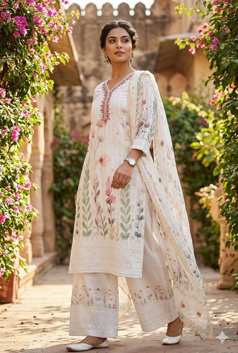 White & Pink Floral Printed Cotton Kurta With Palazzo & Dupatta (D2010)