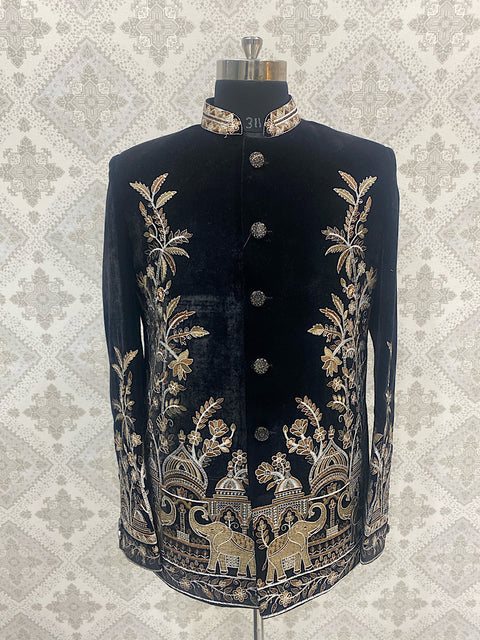 Black Velvet Embroidery Resham Thread Jungle Bandhgala (D219)