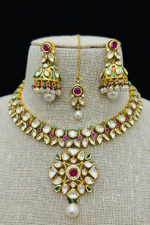 Designer Gold Plated Red & Green Royal Kundan Necklace with Earrings (D234-RG)