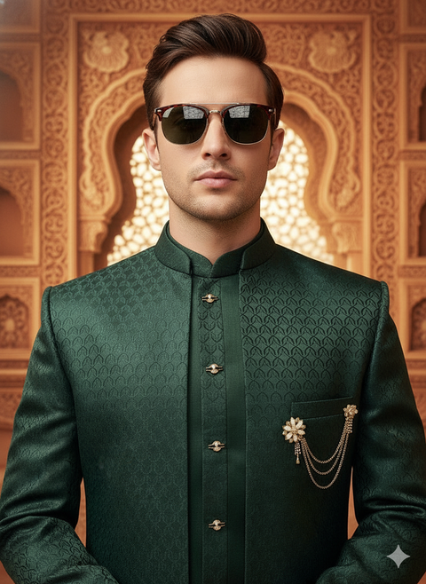 Bottle green Jacquard  Silk Indo Western For Wedding And Reception (D265)