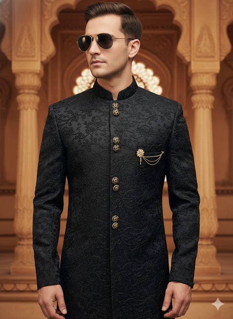 Black Jacquard  Silk Indo Western For Wedding And Reception (D266)