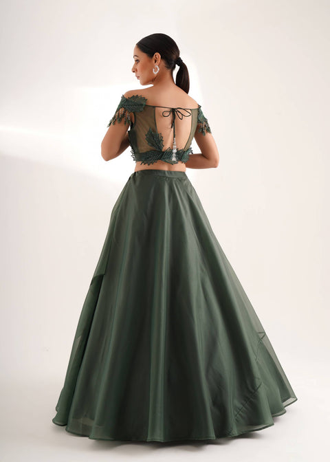 Green Organza Embroidered Sequin Cutdana Embellished Blouse Lehenga Set For Women (D56)