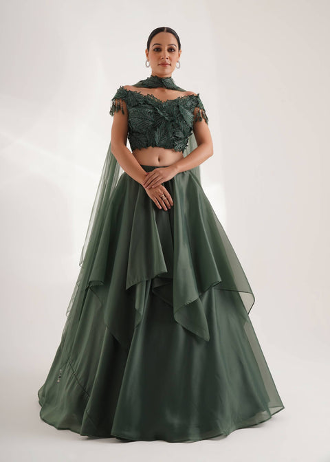 Green Organza Embroidered Sequin Cutdana Embellished Blouse Lehenga Set For Women (D56)