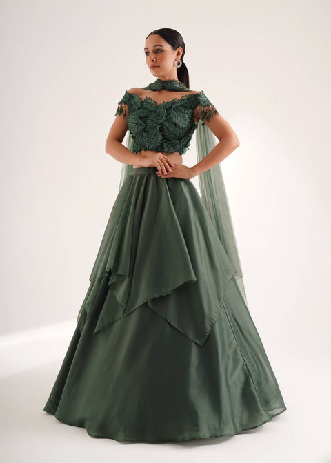 Green Organza Embroidered Sequin Cutdana Embellished Blouse Lehenga Set For Women (D56)