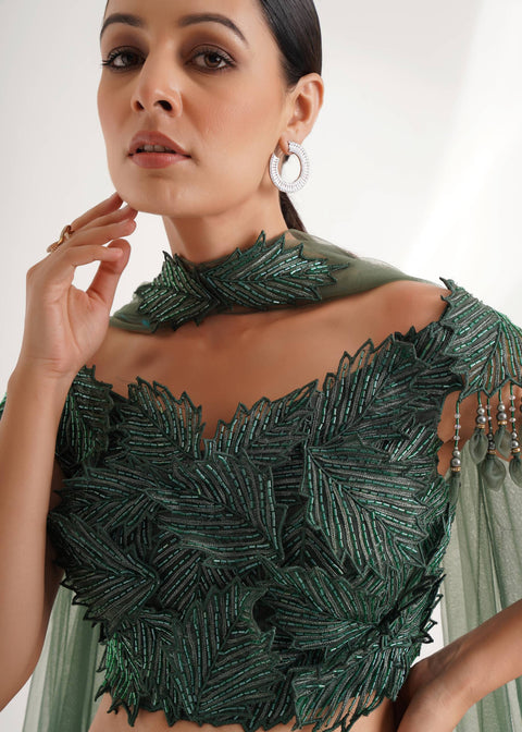 Green Organza Embroidered Sequin Cutdana Embellished Blouse Lehenga Set For Women (D56)