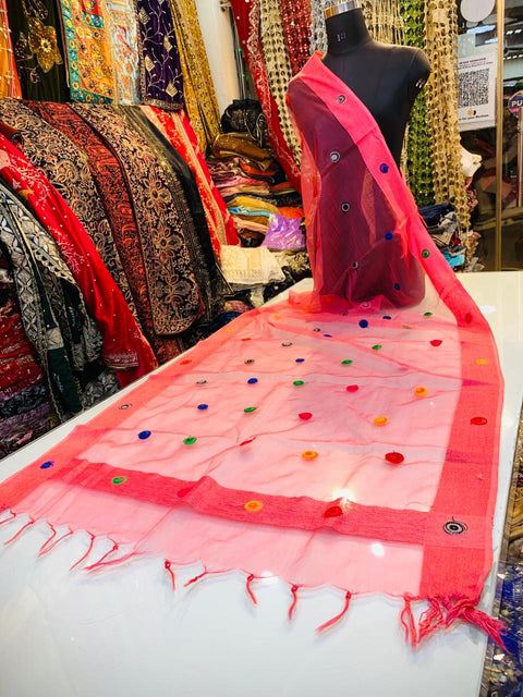 Carrot Red Tissue Organza Embroidered Dupatta (D296)