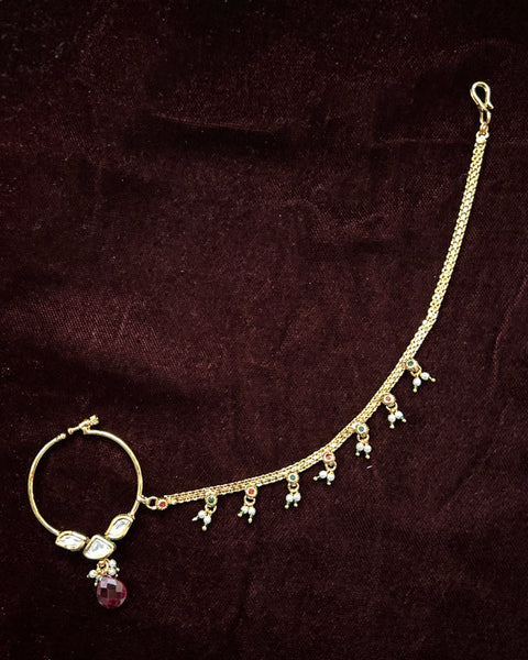 Gold Plated Royal Kundan & Studded Nose Ring with Chain - NATH (Design 5)