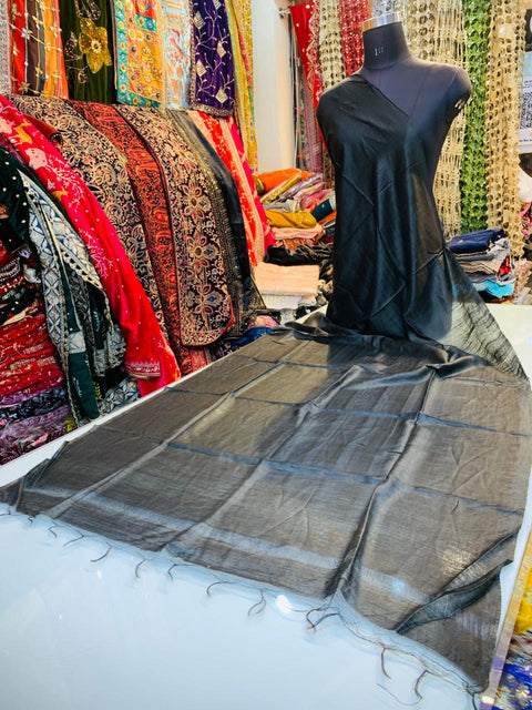 Exquisite Black Linen Silk Dupatta with Graceful Drape (D327)