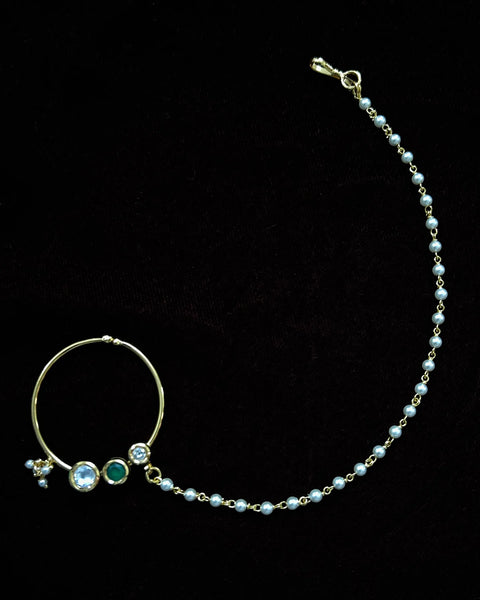 Gold Plated Royal Kundan Studded Nose Ring with Chain - NATH (Design 30)