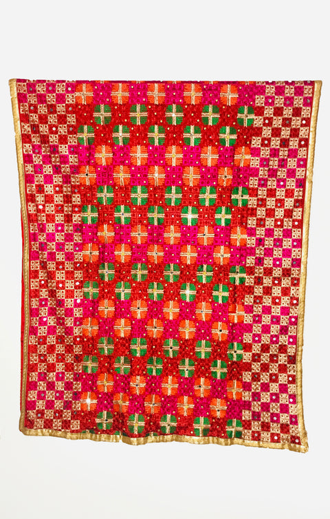 Red & Multicolored Phulkari Embroidered Dupatta For Casual, Party (D36)