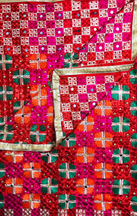 Red & Multicolored Phulkari Embroidered Dupatta For Casual, Party (D36)