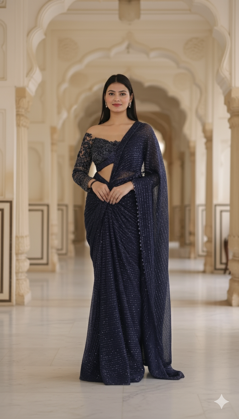 Draped Navy-Blue Saree With Beautiful Sheer Neck Blouse For Party Wear (D36)